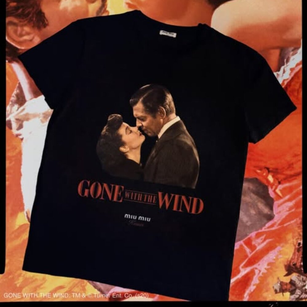 Miu Miu Kisses Gone with the Wind Classic Straight Black T-Shirt Small